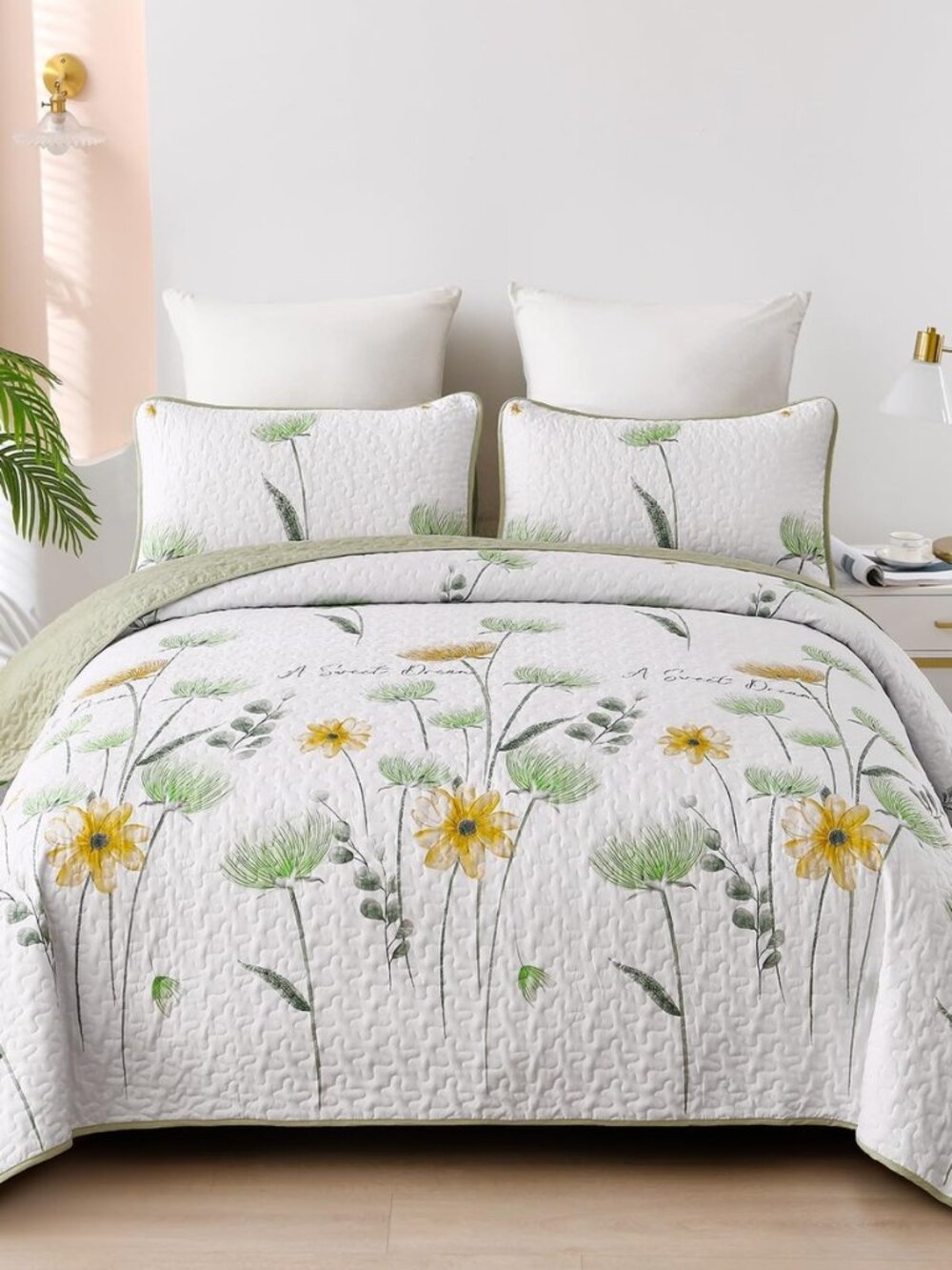 Floral Quilt Set Queen, Fower Plant Bedspread Coverlet Set 3 Pieces